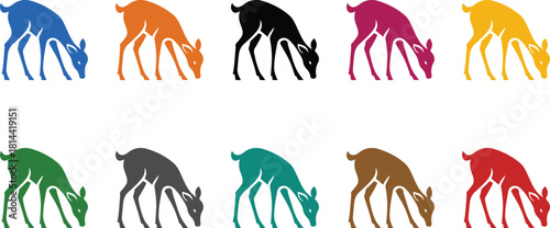 Colorful deer silhouettes grazing on white background, Multicolor deer grazing icon collection