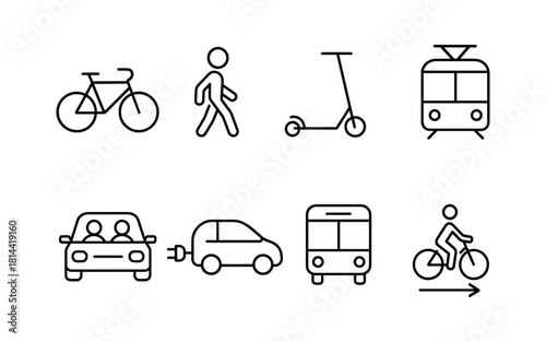 Urban mobility icons set: cycling, walking, e-scooter, and public transport symbols