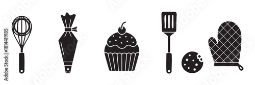 Collection of black silhouette icons for baking and cooking, including a whisk, piping bag, cupcake, spatula, cookie, and oven mitt