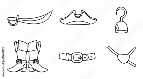 Collection of pirate-themed accessories including a sword, hat, hook, boots, belt, and eyepatch, presented as a simple black and white line art ic