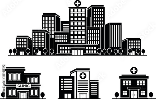 Set of Hospital and Clinic Building Silhouettes Vector Icons, Featuring Medical Center and City Skyline, Healthcare and Emergency Services Graphics Collection.