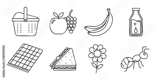Collection of black and white line art icons representing a summer picnic, including a basket, fruit, sandwich, blanket, drink, flower, and an ant