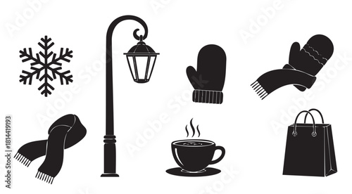 Collection of black winter-themed silhouettes, including a snowflake, lamppost, mittens, scarf, hot drink, and shopping bag