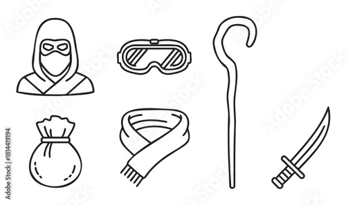 Collection of black line art icons representing adventure and fantasy character equipment, including a masked ninja, goggles, a walking cane, a money bag, a scarf, and a sword