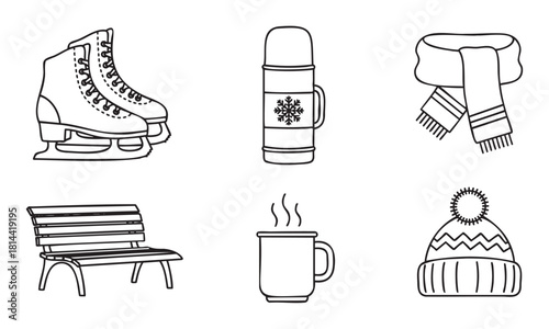 Collection of black and white line art icons representing winter essentials and activities, featuring ice skates, a thermos, a scarf, a park bench, a hot mug, and a knitted hat