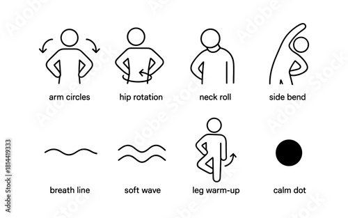 Simple line icons of stretching exercises and relaxation techniques