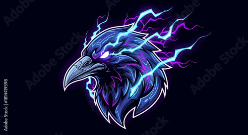 Digital illustration of a stylized raven head mascot with glowing blue and purple lightning bolts on a black background.