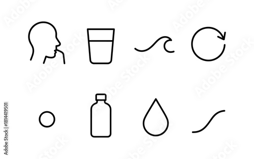 Minimalist hydration icons set: water, drinking, recycle, and purity symbols