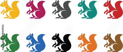 Colorful squirrel icons collection on white background, Multicolor squirrel silhouette icon set