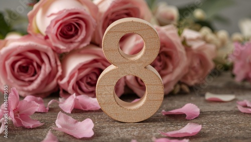 Wooden Number Eight Surrounded by Pink Roses and Flower Petals in a Charming ...