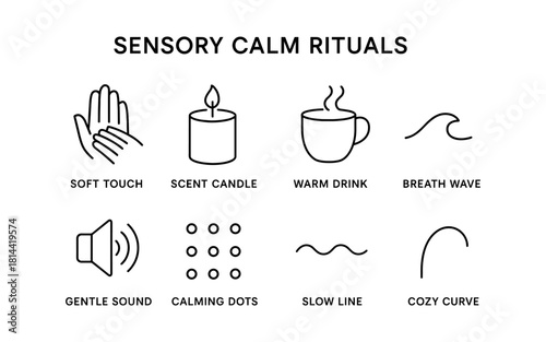 Sensory calm rituals icons: relaxation techniques with minimalist design