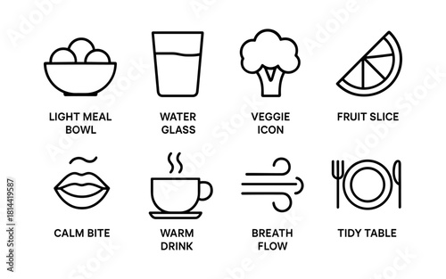 Minimalist food and drink icons set featuring fruits, vegetables, and beverages