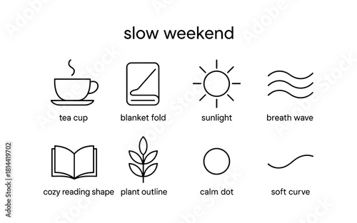 Minimalist icons for a relaxed weekend vibe: tea, sun, and comfort