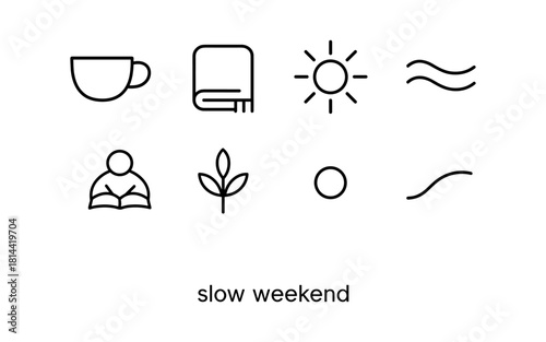Minimalist icons for relaxing weekend: coffee, book, sun, nature, calm