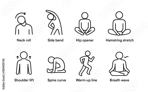 Simple linear stretching and yoga exercises icons for fitness routines