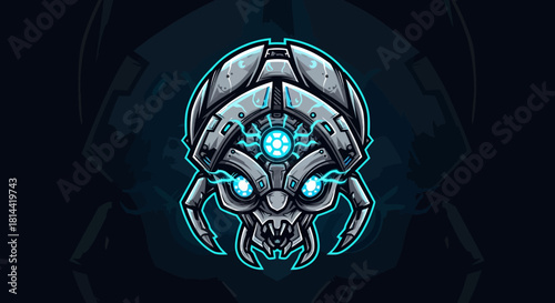 A futuristic robotic head mascot with glowing blue eyes and metallic details against a dark background with neon outlines.
