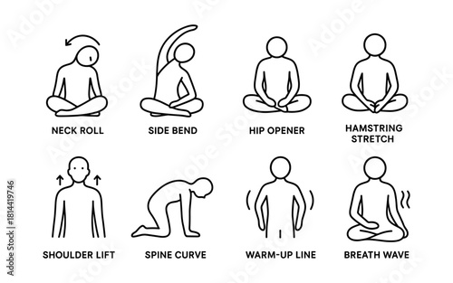 Simple line art of 8 yoga warm-up poses for relaxation and flexibility