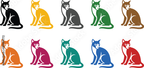 Sitting cat silhouettes in a range of colors feline art, Multicolor cat icons for pet design