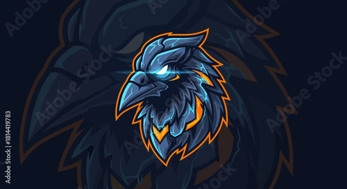 A digital illustration of a blue and orange head mascot with a fierce expression on a dark background, featuring sharp beak and glowing eye.