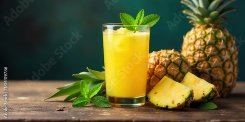 Refreshing Pineapple Juice with Mint Garnish and Ripe Pineapple Slices on Rustic Wooden Surface