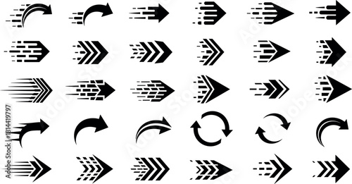 Set of Speed and Motion Arrow Silhouettes Vector Icons, Illustrating Fast Movement, Direction, and Rotation Symbols, Black Graphic Collection.