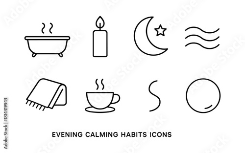 Minimalist evening relaxation icon set for calming habits and routines