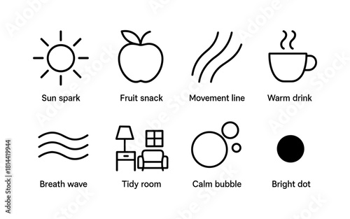Minimalist line icons collection of daily life essentials and activities