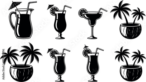 Tropical Summer Cocktail Drinks Silhouette Set, Including Margarita, Coconut Cups, and Pitcher, Beach Vacation Party Icons Vector Collection.