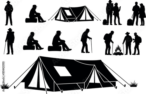 Vintage Camping People and Tent Silhouettes Vector Set, Featuring Campers, Elderly Hikers, and Campfire, Outdoor Adventure and Recreation Icons.