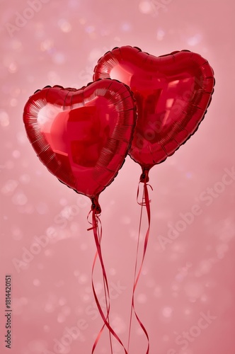 Heart-shaped Red Balloons Floating Against a Pink Background With Sparkling B...