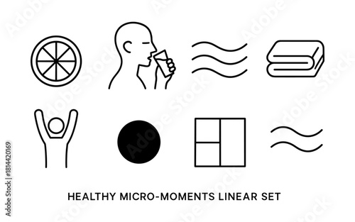 Healthy habits symbols set: hydration, relaxation, and wellness in linear style