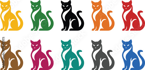Colorful cat icons collection on white background feline design, Multicolor feline icon set for artwork