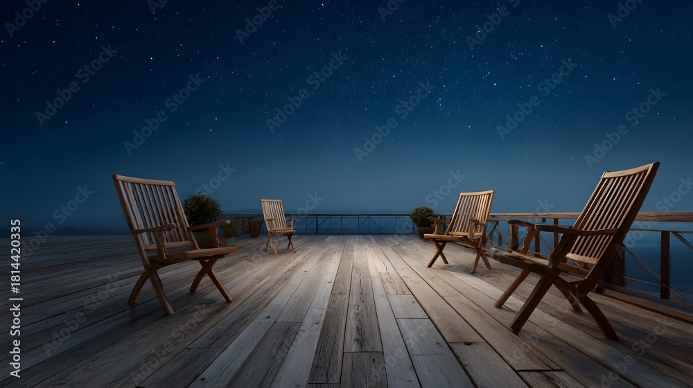 Fototapeta premium Wooden chairs sit on an illuminated deck at night under a vast starry sky overlooking a calm water horizon
