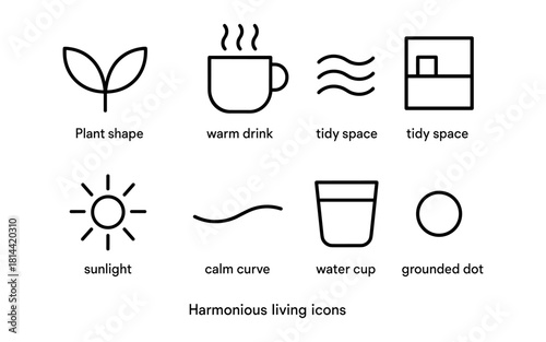 Minimalist icons for harmonious living: warm drinks, tidy spaces, and more