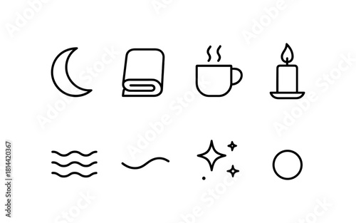 Minimalist cozy nighttime icons set featuring moon, blanket, and candle elements