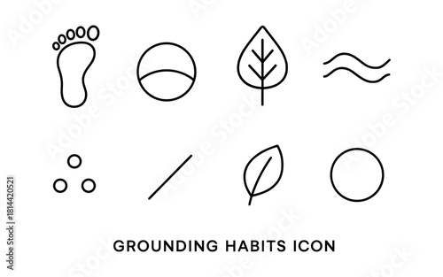 Minimalist grounding habits icons set featuring footprint and nature elements