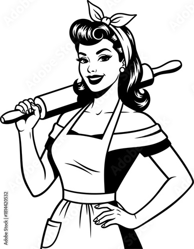 Retro housewife with rolling pin in black and white, Retro Woman Baking Illustration, Retro housewife with rolling pin in black and white