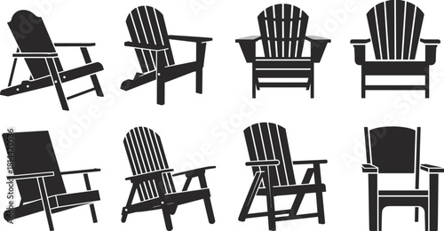 PrintHoliday and Comfort Chair Silhouettes Vector, Adirondack, Deck, and Garden Furniture Icons Set for Relaxation and Beach Graphics