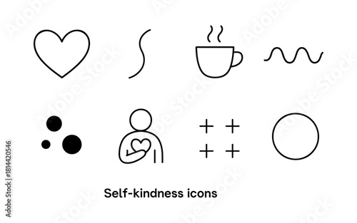 Minimalist self-kindness icon set featuring heart, coffee, and meditative symbols