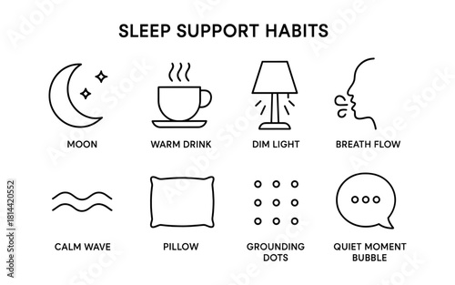 Sleep support habits icons: minimalist black and white line art for relaxation and mindfulness