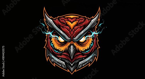 A close-up illustration of a futuristic head mascot with glowing eyes and metallic details on a black background with a dark and edgy mood.