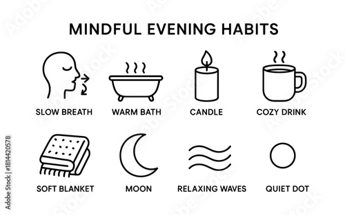 Mindful evening routine icons: cozy relaxation and calm rituals