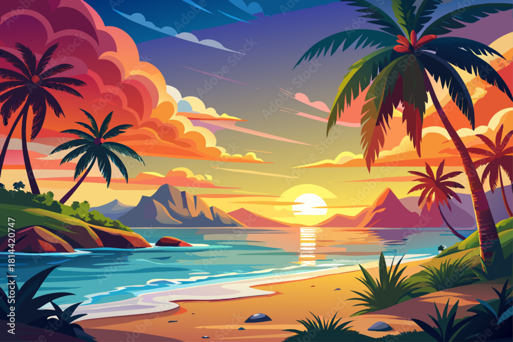 Obraz premium Tropical beach with palm trees during bright ocean sunrise and vibrant sunset colors, seamless beach scene with calm island atmosphere, warm horizon glow and 4K cinematic tropical landscape
