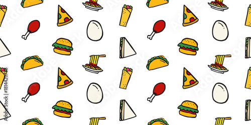 Seamless Fast Food Doodle Pattern: Delicious Burger, Pizza, Chicken, Taco, Noodle, and Sandwich Background. Ideal for Restaurant Menu, Packaging, and Food Blog Design