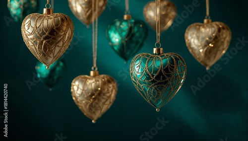 Golden Heart Decorations Hanging Against a Deep Teal Background During Festiv...