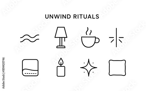 Relaxation icons: essential unwind rituals in simple line art