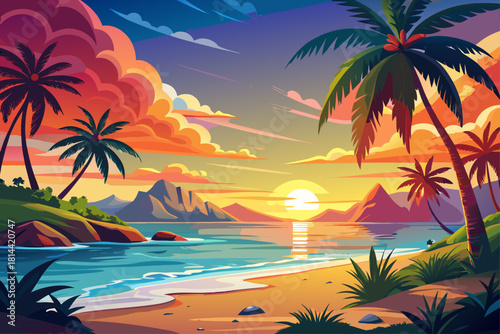 Tropical beach with palm trees during bright ocean sunrise and vibrant sunset colors, seamless beach scene with calm island atmosphere, warm horizon glow and 4K cinematic tropical landscape