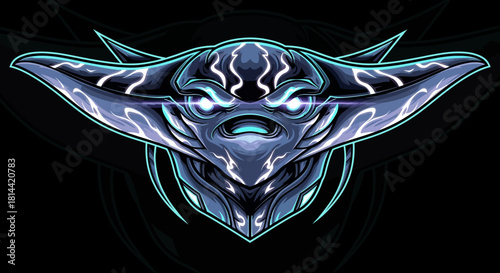 Close-up illustration of a fantasy head mascot with glowing blue eyes and lightning-like markings on a dark background.