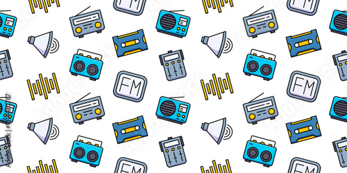 Seamless Radio Pattern: Retro Music and Broadcast Elements Background. Includes Boombox, Cassette, Megaphone, FM Sign, and Equalizer Waves for Media, Audio, and Retro Design