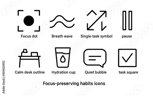 Focus-preserving habits icons: minimalist symbols for productivity and mindfulness